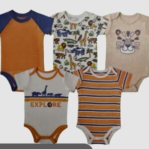 5 Onsies - Explore Adventure Kids Bodysuit Set - Orange, Blue, and Cream